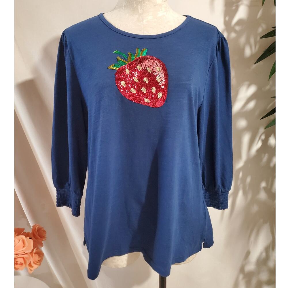 New Quacker Factory Sequin Strawberry Fruit 3/4 Sleeve Top Womens Size M Blue